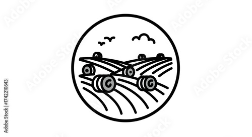 Minimalist farm field with hay bales and birds illustration.