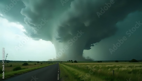 A large storm cloud is seen over a rural road.
