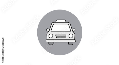 Front view of a simple taxi car icon in a grey circle.