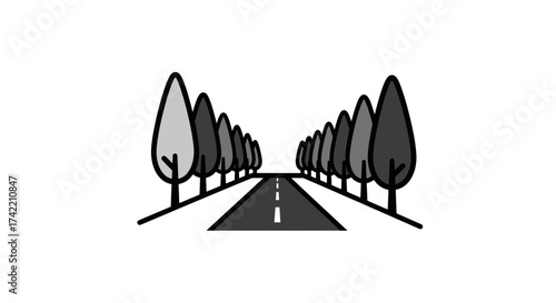 Simple graphic illustration of a road lined with trees receding into the distance.