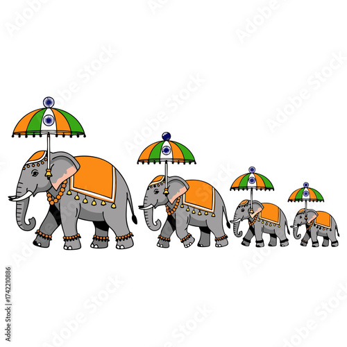Decorated elephants marching in traditional Indian parade, colorful vector illustration representing cultural festival and heritage celebration