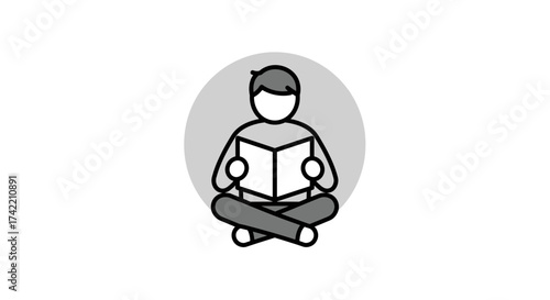 Minimalist icon of person sitting crosslegged reading a book symbolizing learning and knowledge.