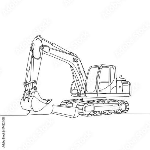 Line art icon of an excavator in a minimalist design style showcasing construction machinery
