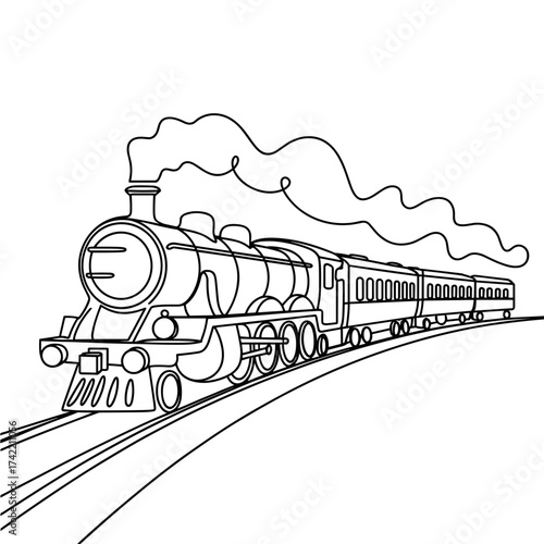 Line art icon of a classic steam locomotive train in a minimalist design style