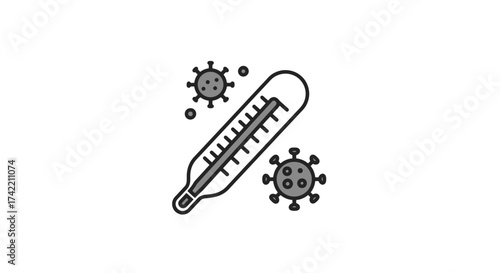 Thermometer and virus particles representing illness and health monitoring.