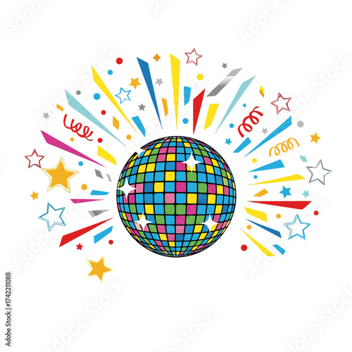 Disco ball with colorful fireworks burst, festive vector illustration symbolizing music, dance, and New Year celebration party