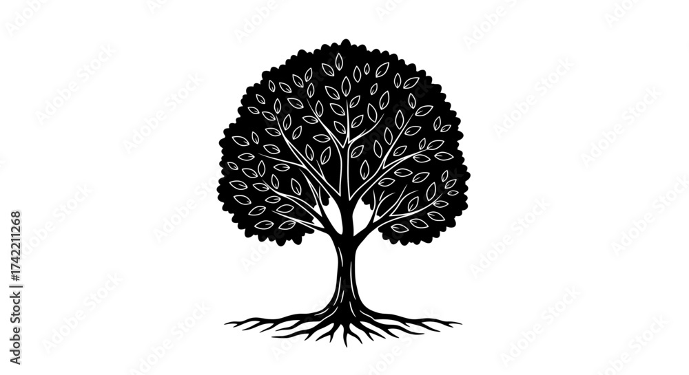 Naklejka premium Stylized black tree silhouette with roots and leaves on white background.