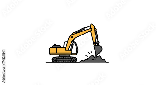 Yellow Excavator Digging Earth Heavy Construction Machine Illustration.