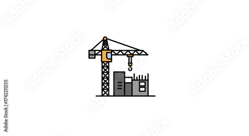 Construction site with crane and unfinished building icon illustration.