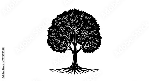 Stylized black tree silhouette with roots and leaves on white background.