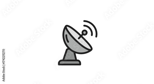 Grey satellite dish icon with signal waves representing global communication technology.