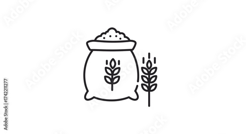 Sack of grain and wheat ears line art icon representing agriculture and harvest.