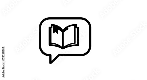 Open book with bookmark icon in speech bubble symbol for learning and discussion.