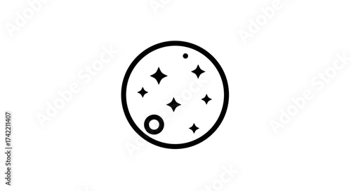 Minimalist Moon or Planet Icon with Stars and Craters.