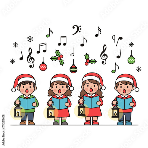 Kids singing Christmas carols vector illustration with musical notes and festive decorations, joyful holiday celebration artwork for winter season design