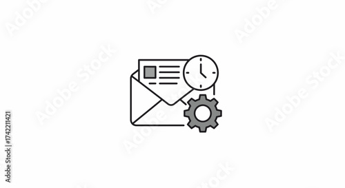 Email scheduling and automation icon with clock and gear.