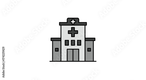 Modern Hospital Building Icon with Medical Cross Symbol.