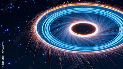 A mesmerizing depiction of a glowing blue and orange accretion disk surrounding a dark central void, set against a starry cosmic backdrop.