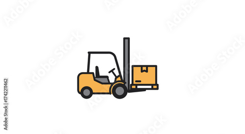 Yellow forklift moving a cardboard box in a warehouse setting.