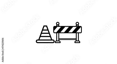 Traffic Cone and Construction Barrier Outline Icon.