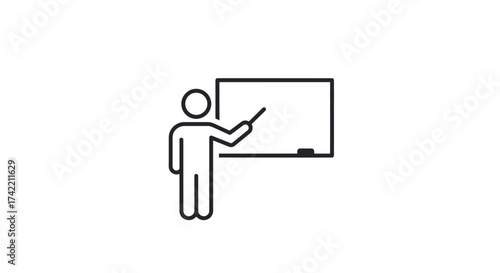 Teacher or presenter icon with whiteboard and pointer for education and learning.