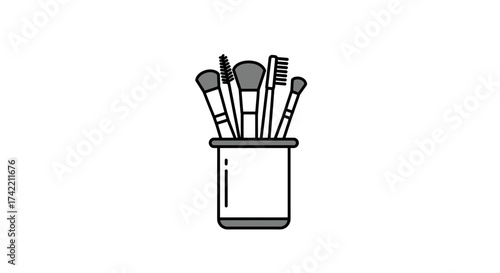 Makeup brushes in holder illustration for beauty and cosmetic use.