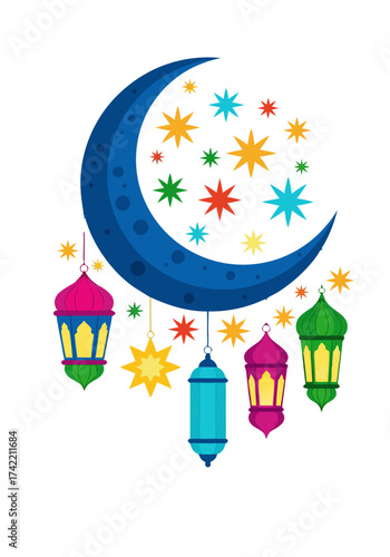 Colorful crescent moon with hanging lanterns and stars, festive Ramadan and Eid celebration vector illustration for Islamic holiday decoration design