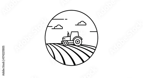 Minimalist line art illustration of a tractor in a plowed field.