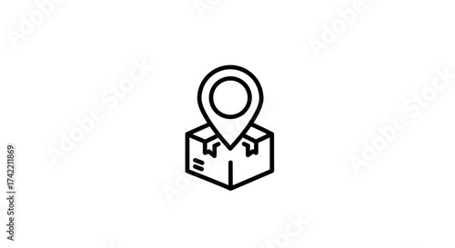 Package delivery location tracking icon with shipping box and map pin.