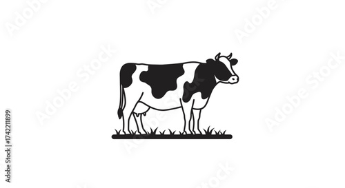 Black and white dairy cow standing on grass illustration.