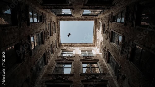 Worm's Eye View of Aged Building with Windows Against Blue Sky