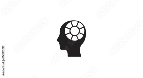 Human Head Profile with Gear Icon Representing Thought Process and Mental Activity.