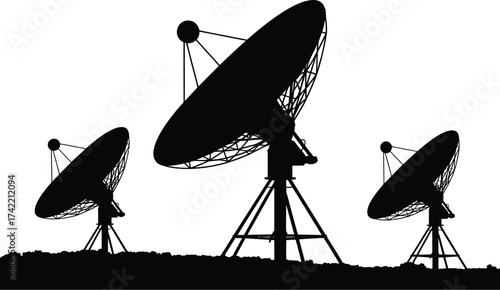 Silhouette of three satellite dishes against a white background editable stock