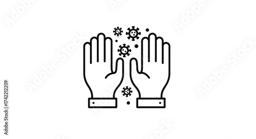 Hands surrounded by virus particles symbolizing contamination and the need for hygiene.