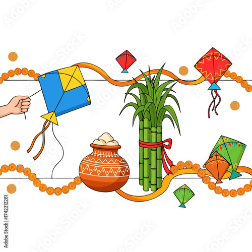 Vector illustration of kite flying with Pongal pot and sugarcane decoration, colorful festive design combining Makar Sankranti and harvest celebration themes