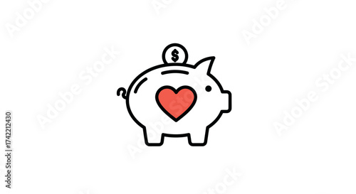 Piggy bank with heart and dollar coin symbolizing love for savings and financial care.