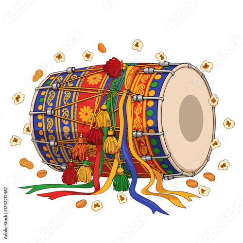Traditional Indian dhol drum vector illustration with colorful decorations, symbol of Punjabi Bhangra music and festive celebration