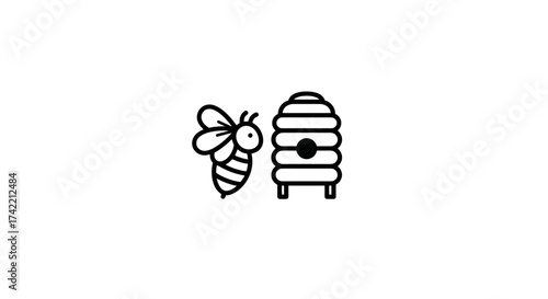 Cute bee and beehive outline icon vector illustration for nature themes.