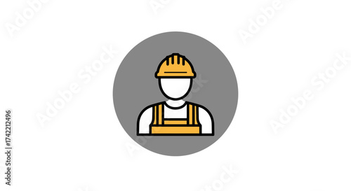 Construction worker avatar icon wearing yellow hard hat and safety overalls.
