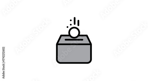 Simple icon of a donation box with a coin dropping in representing charity and giving.
