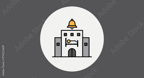 Building icon with bed and bell symbol representing hospitality or healthcare.