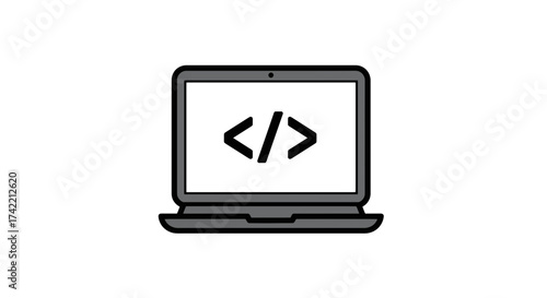 Laptop with Code Tag Icon Representing Programming and Web Development.