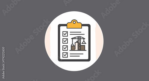 Construction project management checklist with building and crane icon symbolizing tasks and progress.