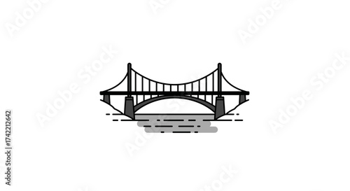 Minimalist suspension bridge illustration spanning water with towers and cables.