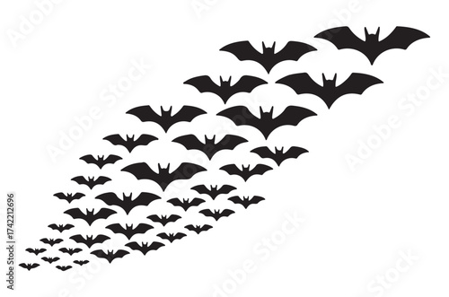 A large flock of black bat silhouettes flying in formation against a white background.