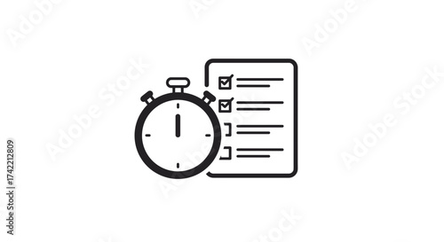 Time management and task completion icon with stopwatch and checklist symbol.