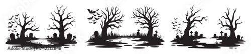 A spooky Halloween scene with bare trees and tombstones in silhouette, creating a creepy and eerie atmosphere.