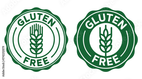 Two green gluten-free food label icons, one outlined and one solid, with a wheat symbol inside a circular seal.