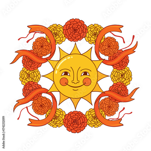 Surya the Sun God vector illustration surrounded by glowing flames and marigold flowers, traditional Hindu religious artwork symbolizing light and energy
