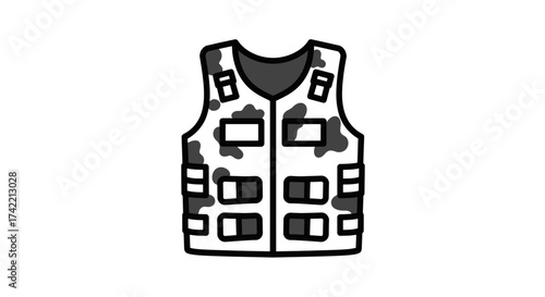Tactical vest with camouflage pattern and utility pockets for military or security personnel.